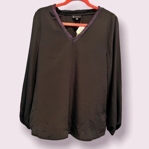 BOBEAU S Peasant V-Neck Pullover Top